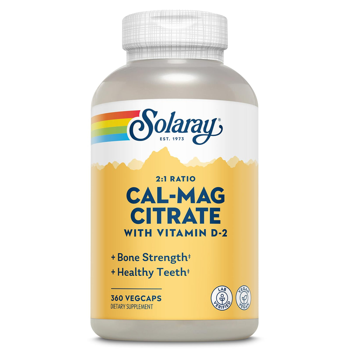 Bouteille de SOLARAY Calcium Magnésium Citrate 360 VegCaps vue de face