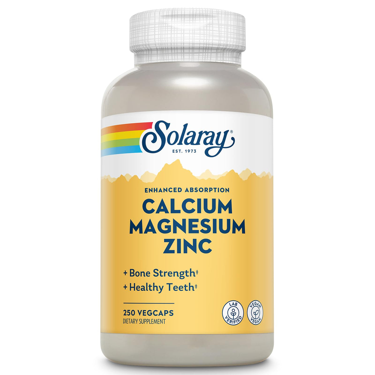 Bouteille de SOLARAY Calcium Magnesium Zinc 250 VegCaps vue de face