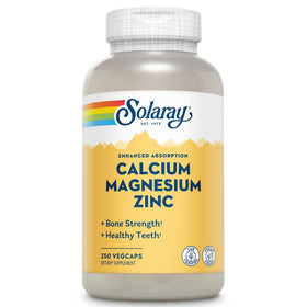 Bouteille de SOLARAY Calcium Magnesium Zinc 250 VegCaps vue de face