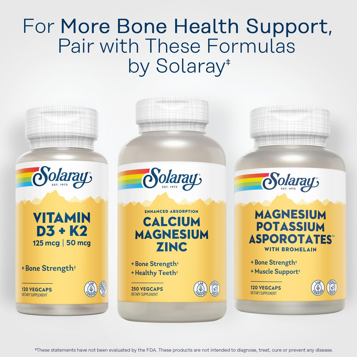 Bouteille de SOLARAY Calcium Magnesium Zinc avec des éléments naturels en arrière-plan
