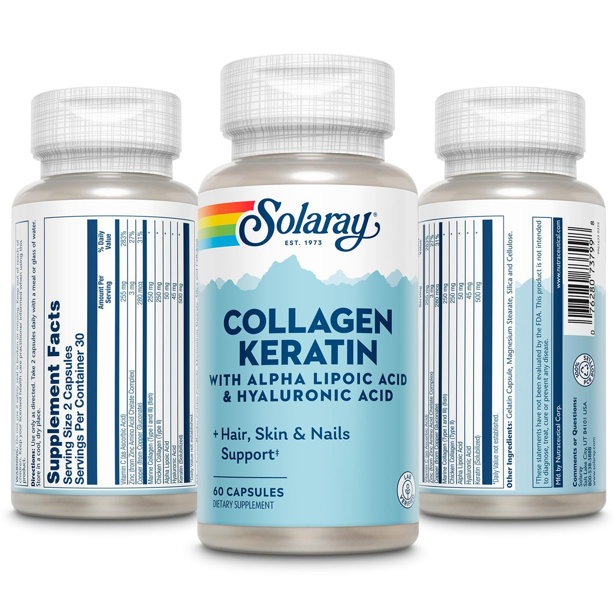 Bouteille de SOLARAY Collagène Keratine sur une table