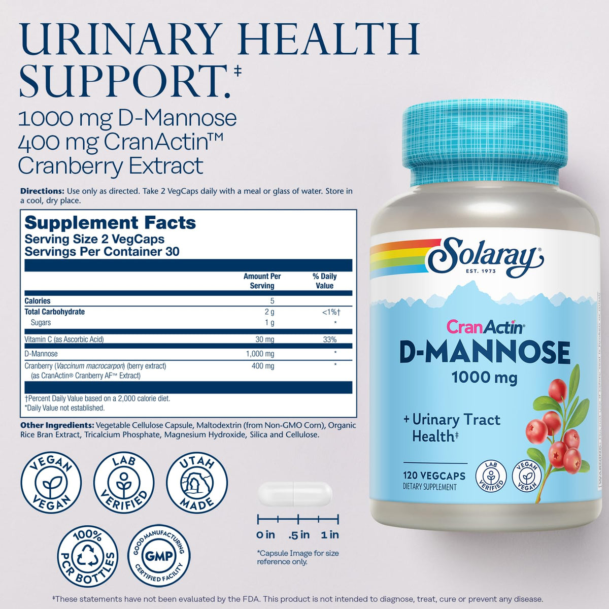 Bouteille de SOLARAY D-Mannose 400 mg avec CranActin vue de côté