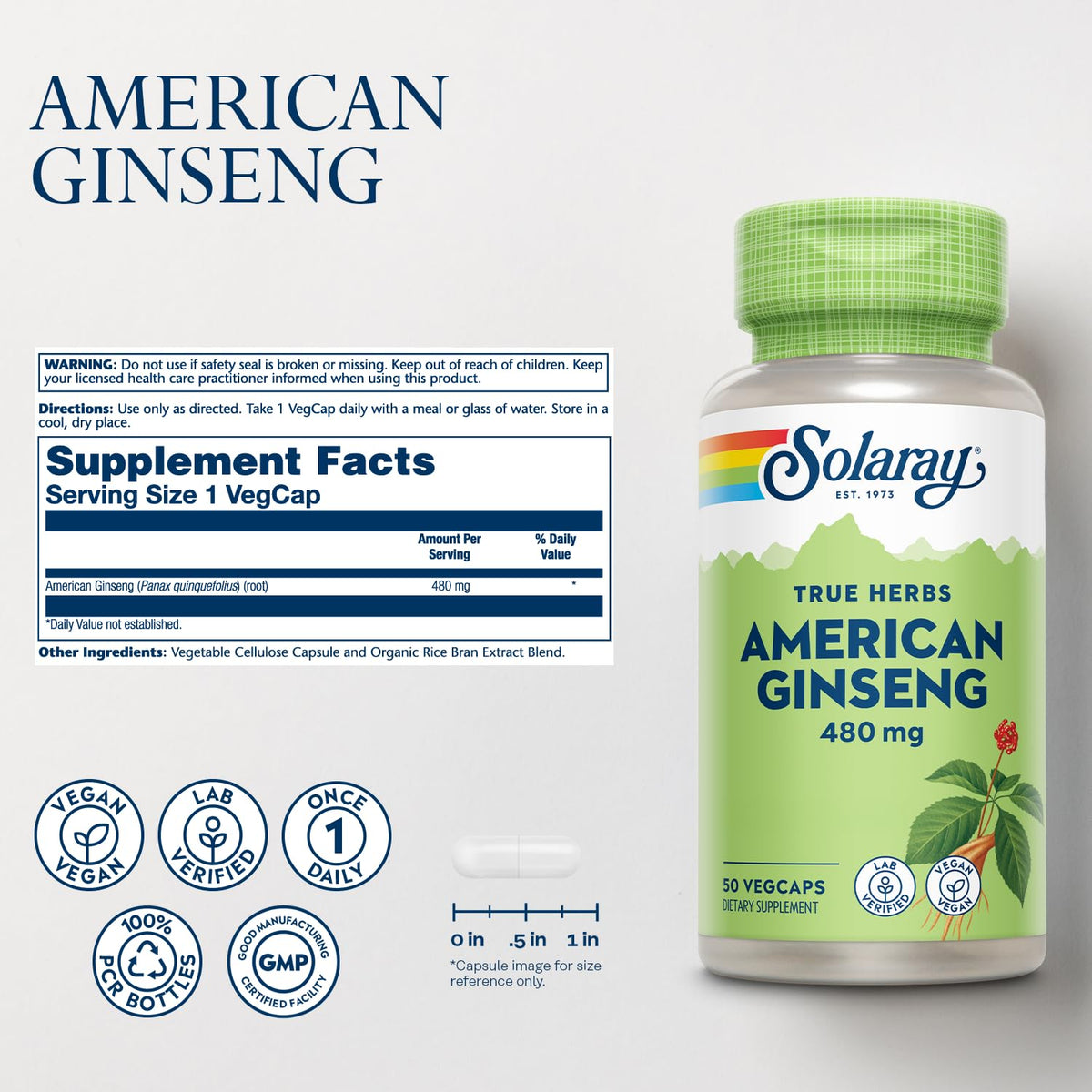 Bouteille de SOLARAY Ginseng Américain 480 mg vue de côté