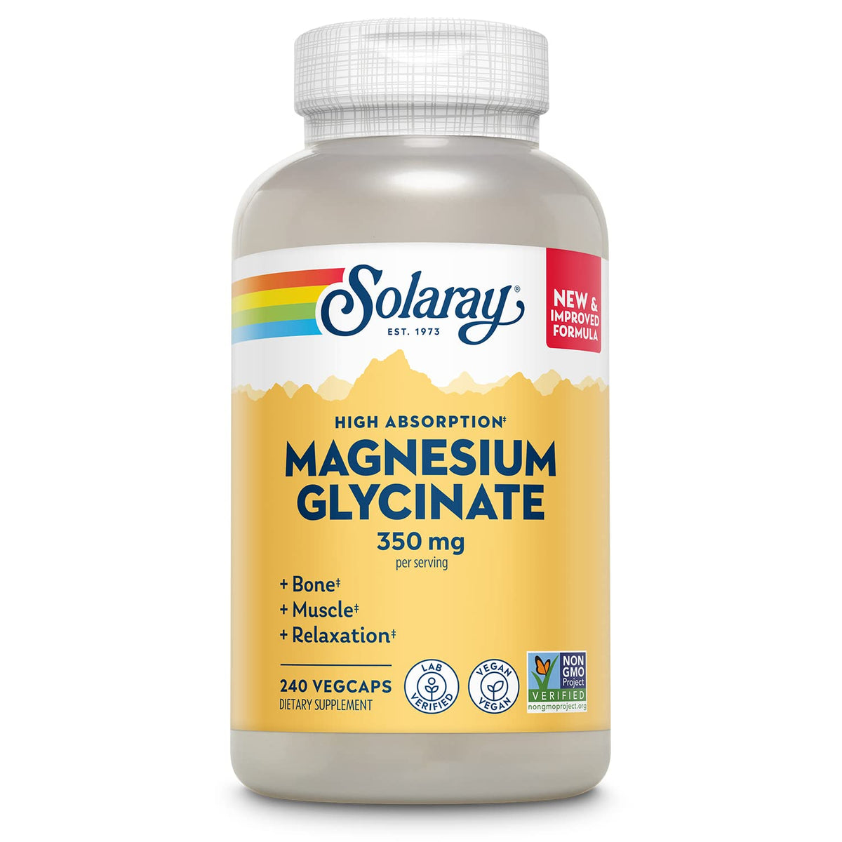Bouteille de SOLARAY Magnésium Glycinate 350 mg 240 VegCaps vue de face