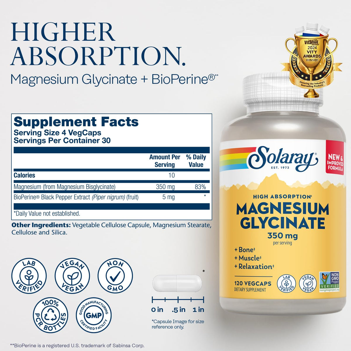 Bouteille de SOLARAY Magnesium Glycinate et Vitamine D3 K2 avec étiquette