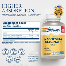 Bouteille de SOLARAY Magnesium Glycinate et Vitamine D3 K2 avec étiquette