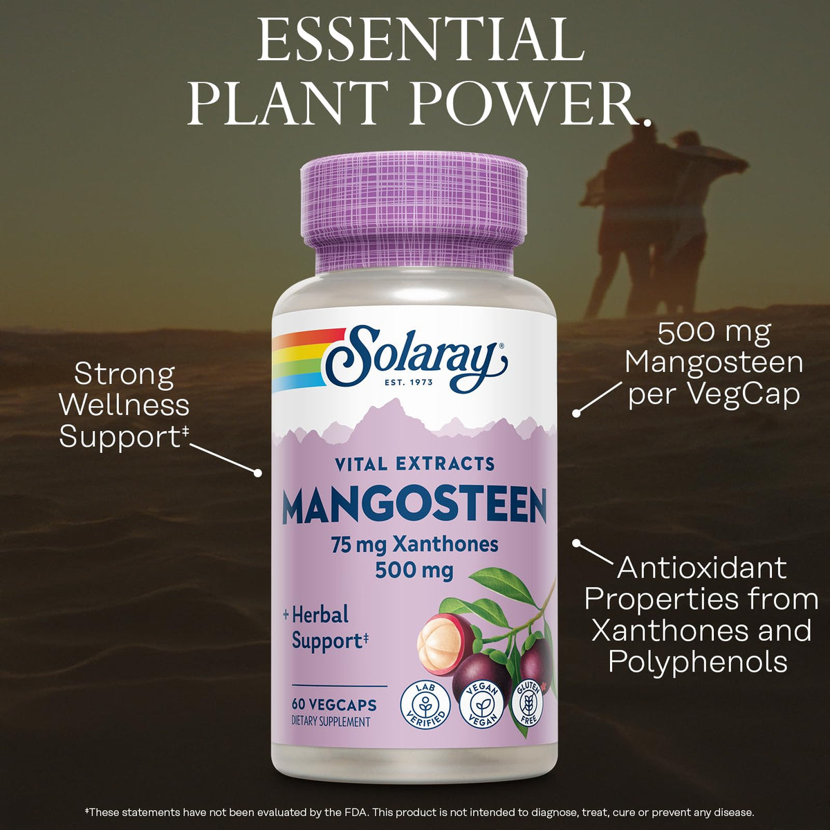 Bouteille de SOLARAY Mangoustan 500mg avec étiquette détaillée