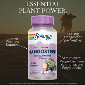 Bouteille de SOLARAY Mangoustan 500mg avec étiquette détaillée