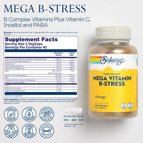 Bouteille de SOLARAY Mega Vitamine B-Stress avec étiquette visible
