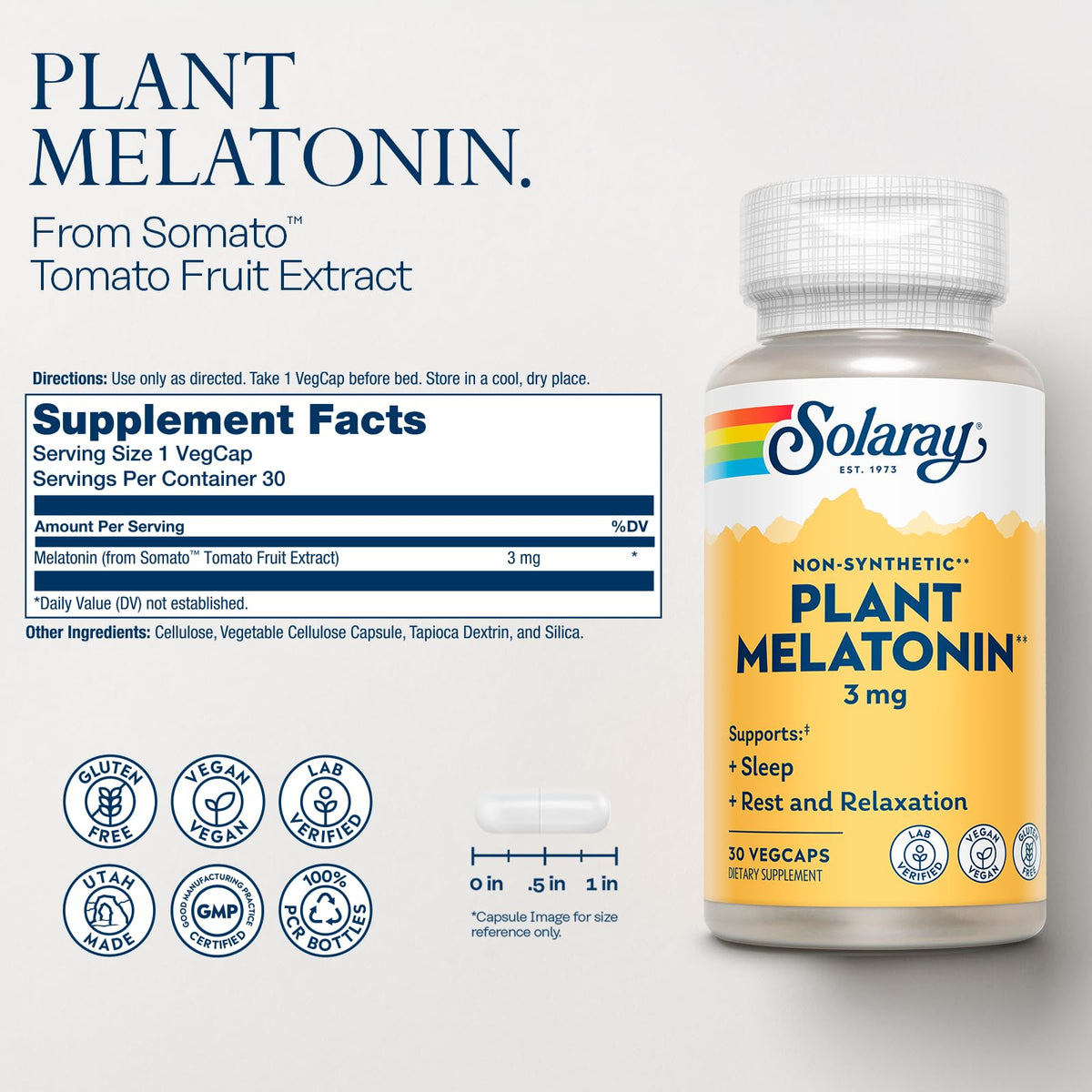 Bouteille de SOLARAY Mélatonine Végétale 3mg avec étiquette visible
