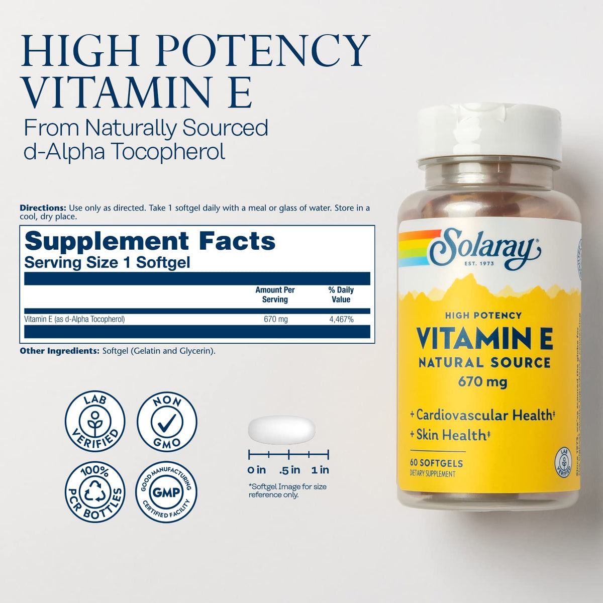 Bouteille de SOLARAY Vitamine E 1000 IU 60 capsules