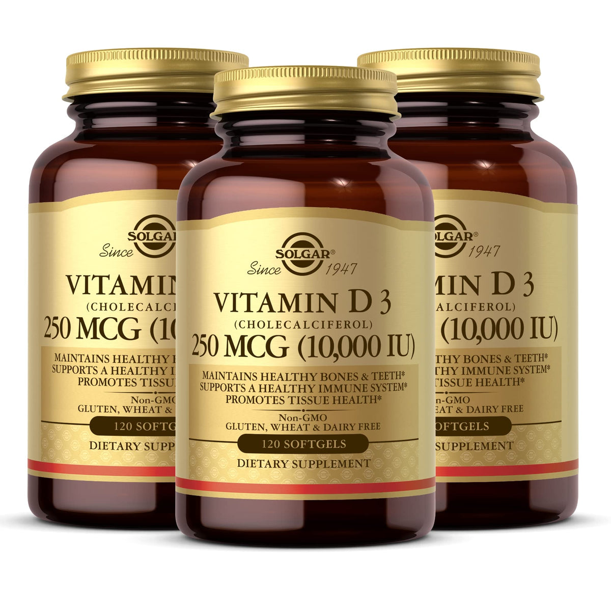 Bouteille de Solgar Vitamine D3 10 000 UI 120 gélules vue de face