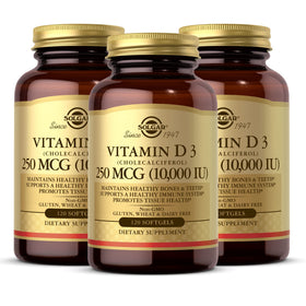 Bouteille de Solgar Vitamine D3 10 000 UI 120 gélules vue de face