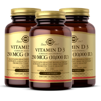 Bouteille de Solgar Vitamine D3 10 000 UI 120 gélules vue de face