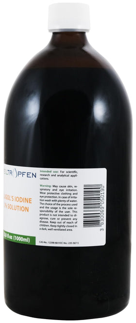 Bouteille de solution de Lugol 2% dans un environnement naturel