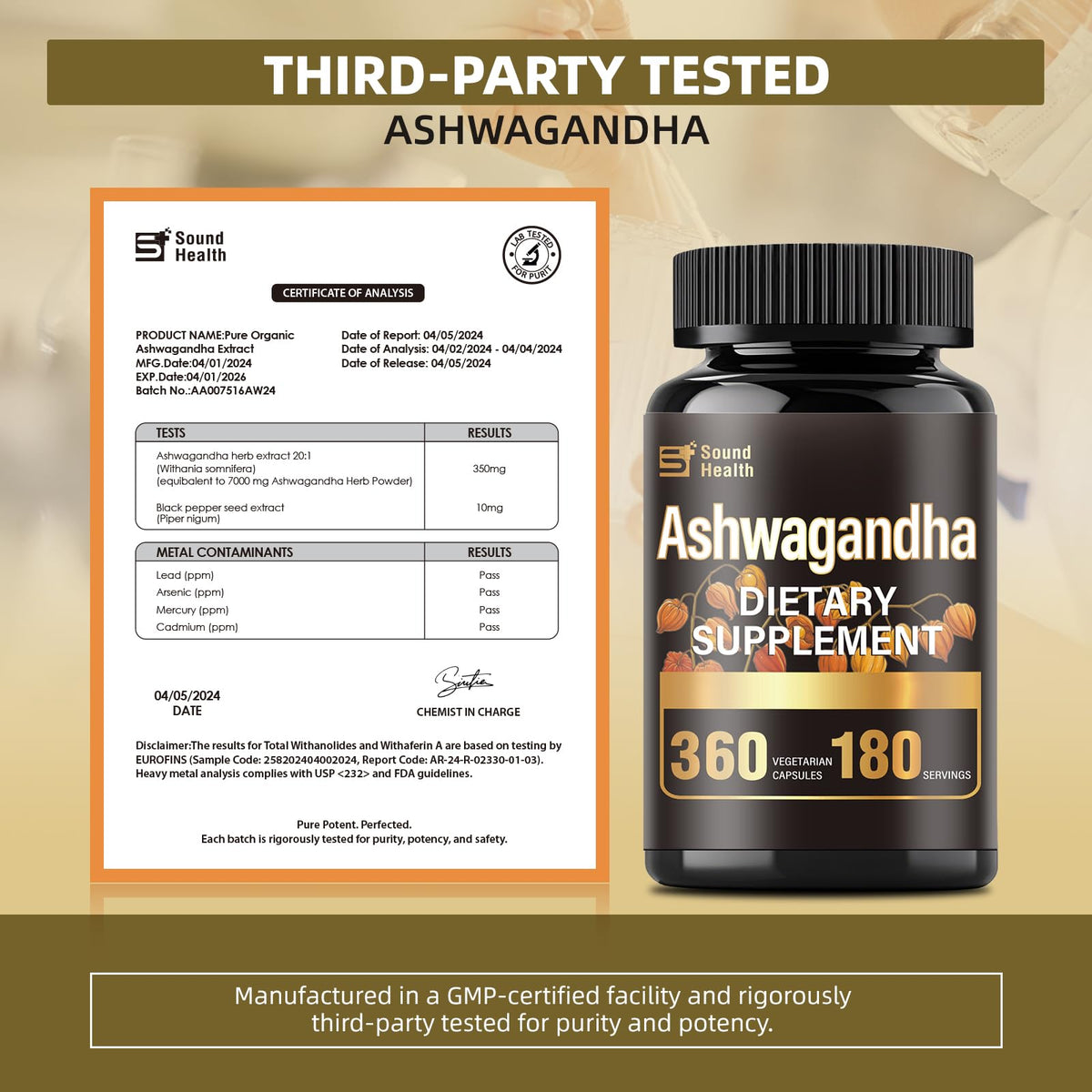 Bouteille de SoundHealth Ashwagandha avec capsules visibles