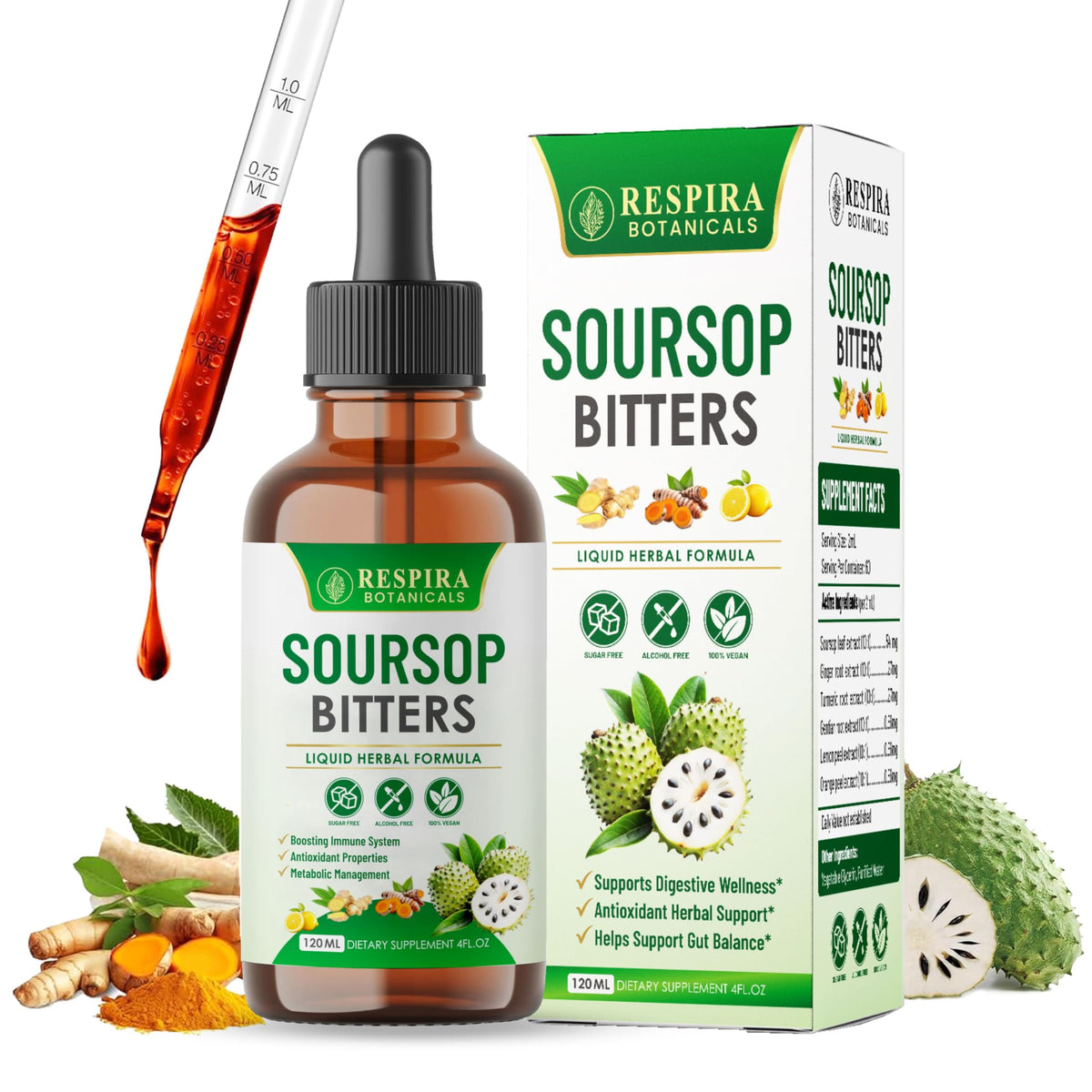 Bouteille de Soursop Bitters de Respira Botanicals 4 fl oz vue de face