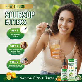 Bouteille de Soursop Bitters de Respira Botanicals sur une table en bois