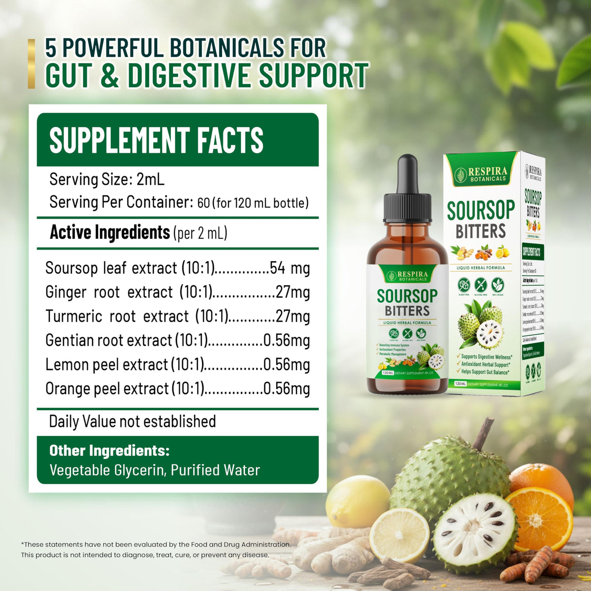 Bouteille de Soursop Bitters de Respira Botanicals vue de côté