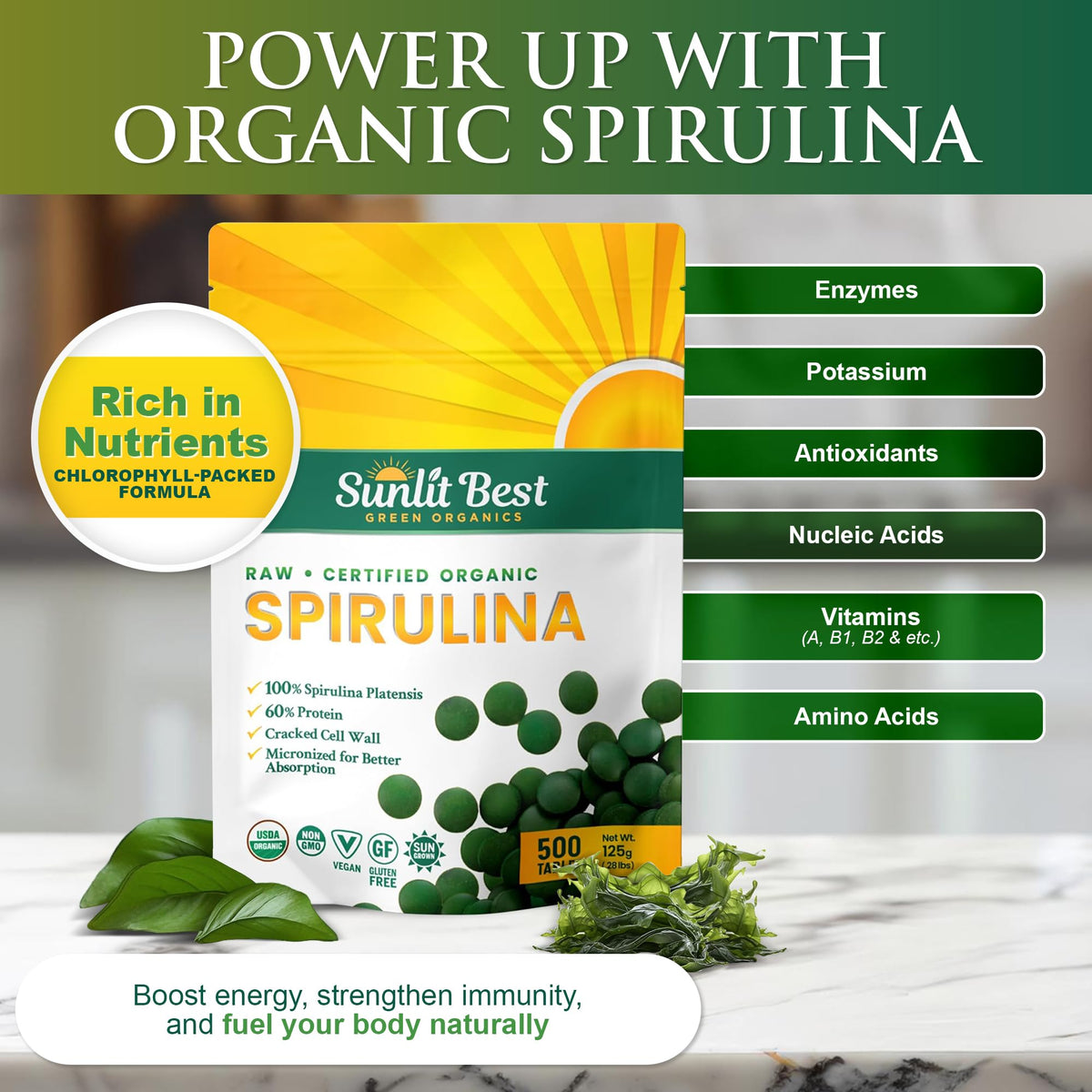 Bouteille de spiruline 500 tablettes vue de côté