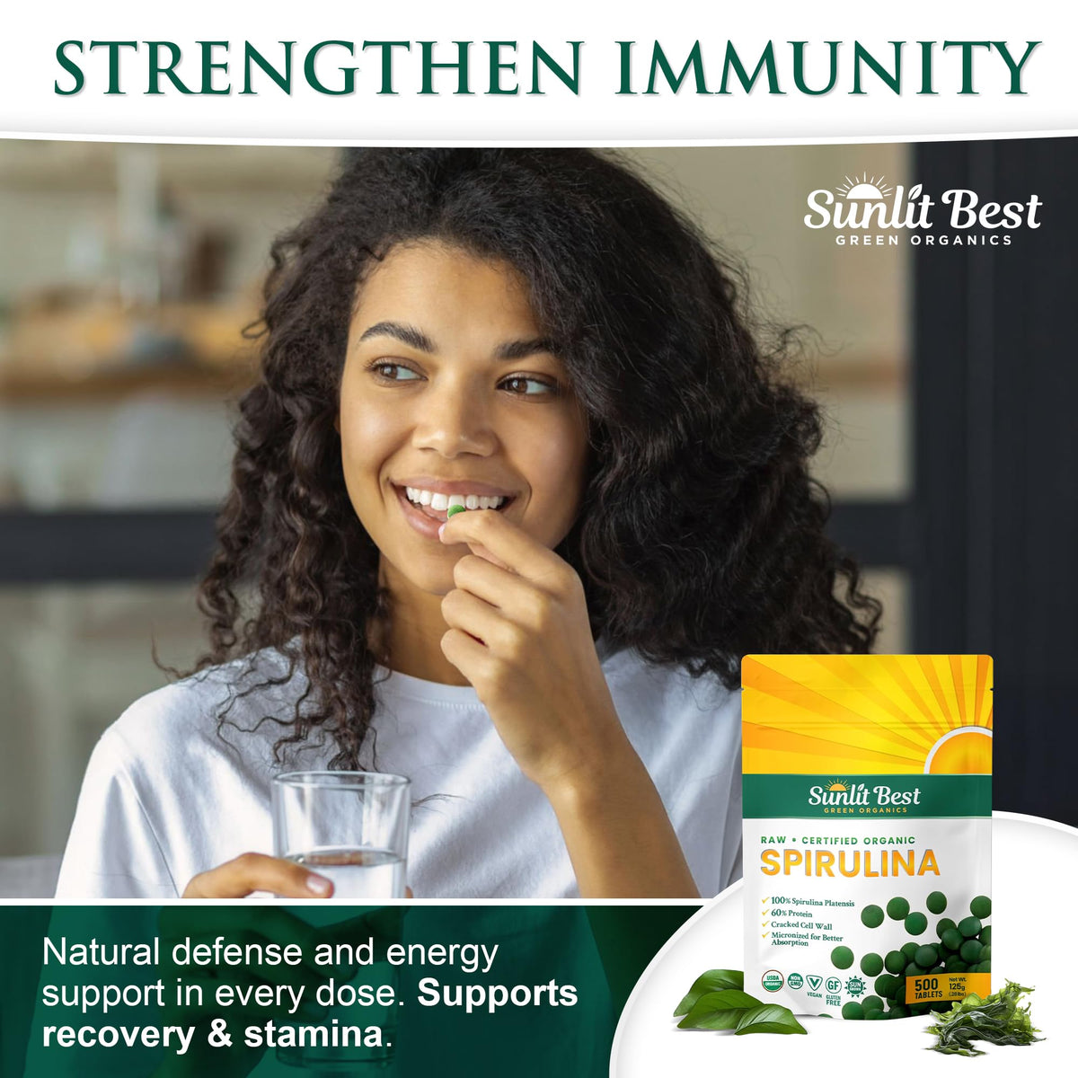 Bouteille de spiruline avec label USDA Organic