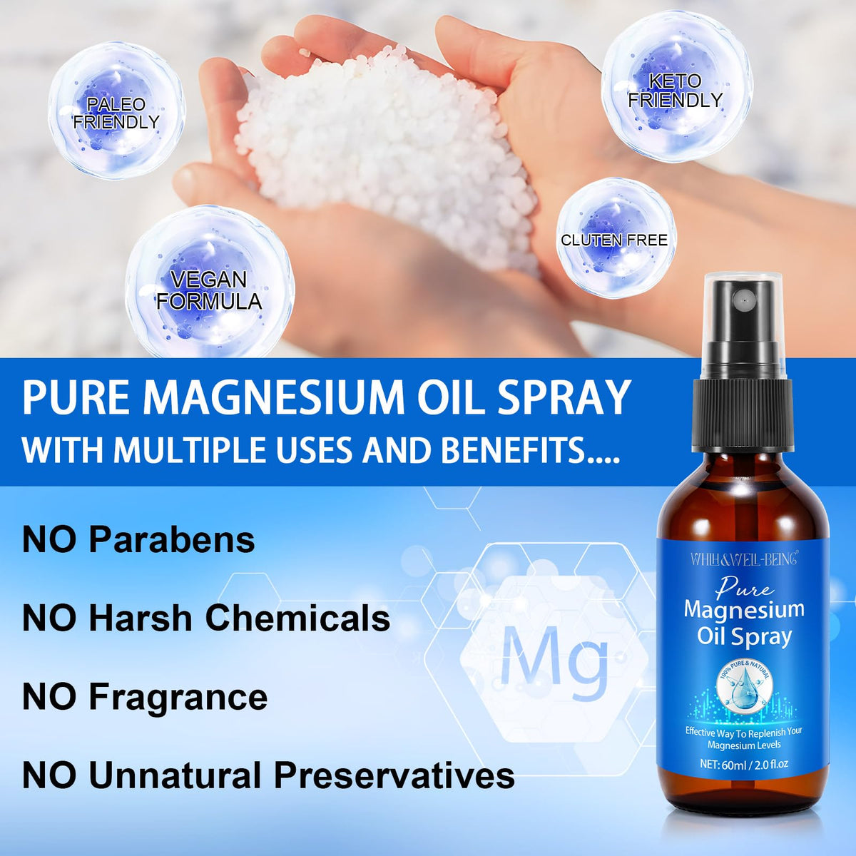 Bouteille de spray de magnésium pur WHLH & WELL-BEING avec fond neutre