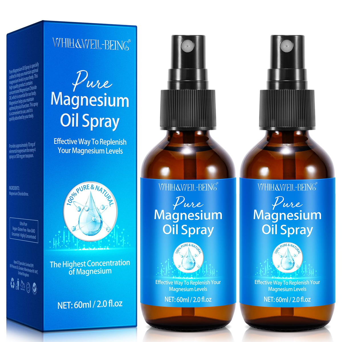 Bouteille de spray de magnésium pur WHLH & WELL-BEING vue de face