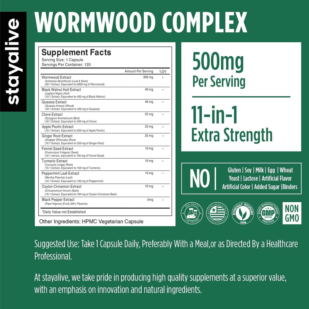 Bouteille de STAY ALIVE Wormwood 11-en-1 avec 120 capsules