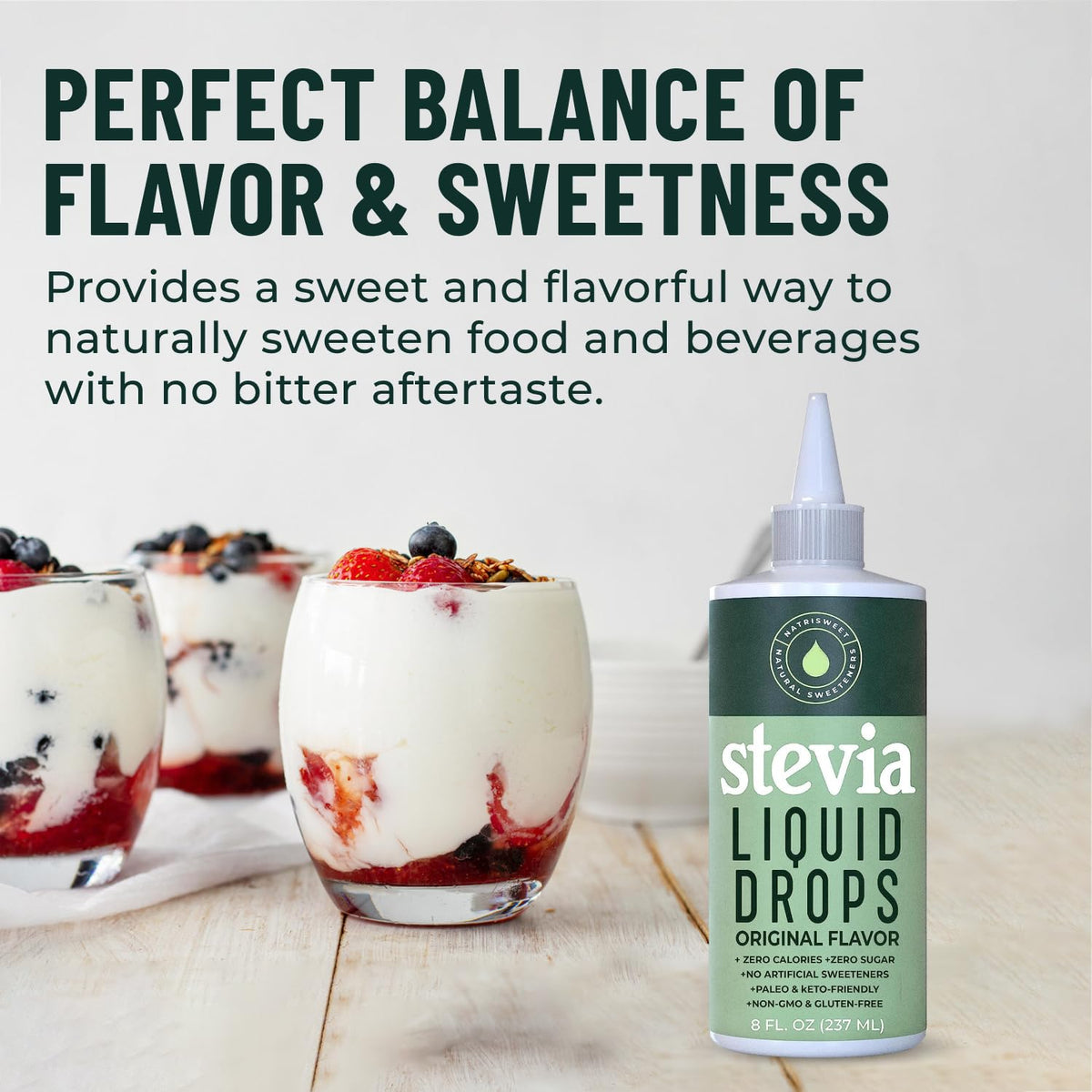 Bouteille de stevia liquide NatriSweet sur une table de cuisine