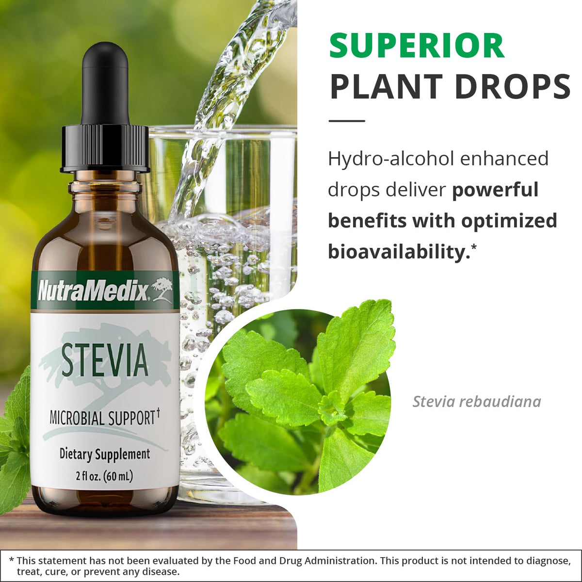 Bouteille de Stevia NutraMedix sur une table en bois