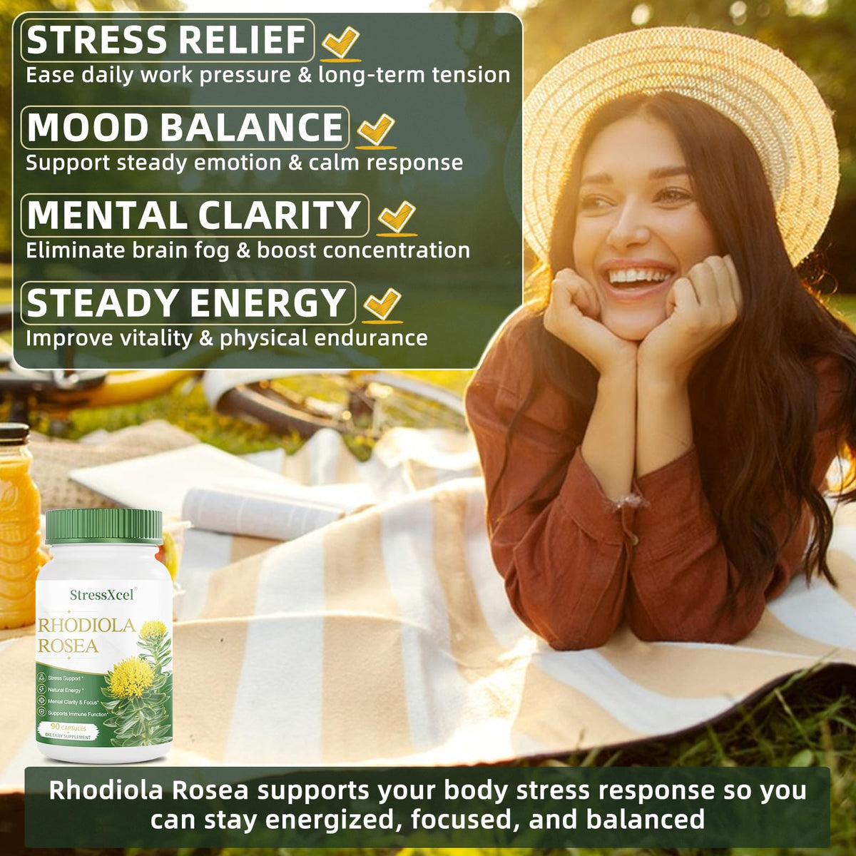 Bouteille de StressXcel Rhodiola Rosea avec capsules