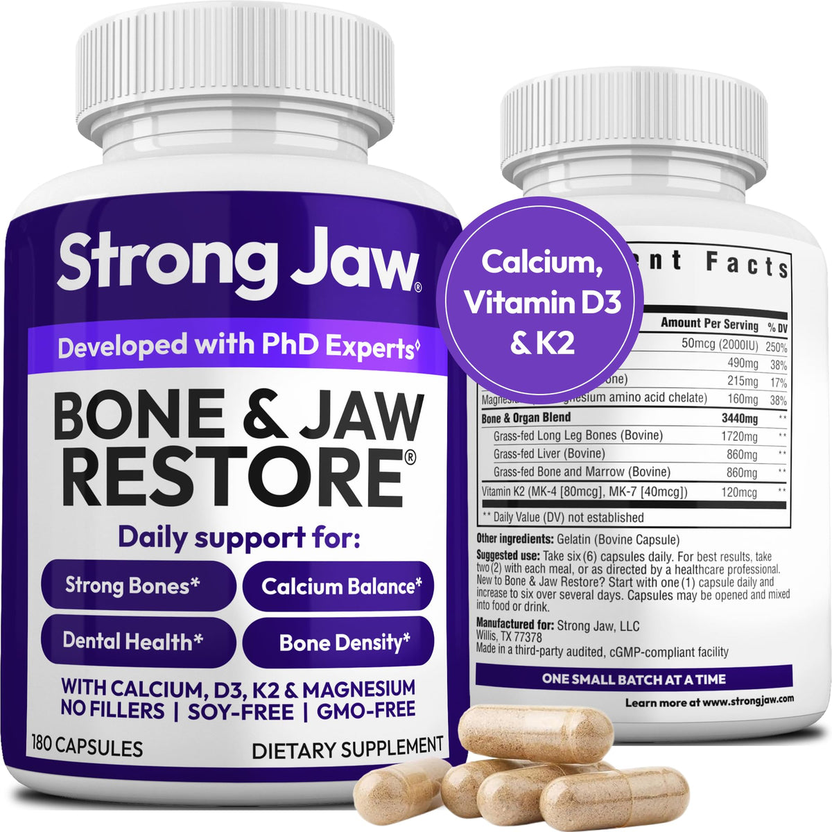 Bouteille de Strong Jaw Complément Alimentaire 180 capsules vue de face