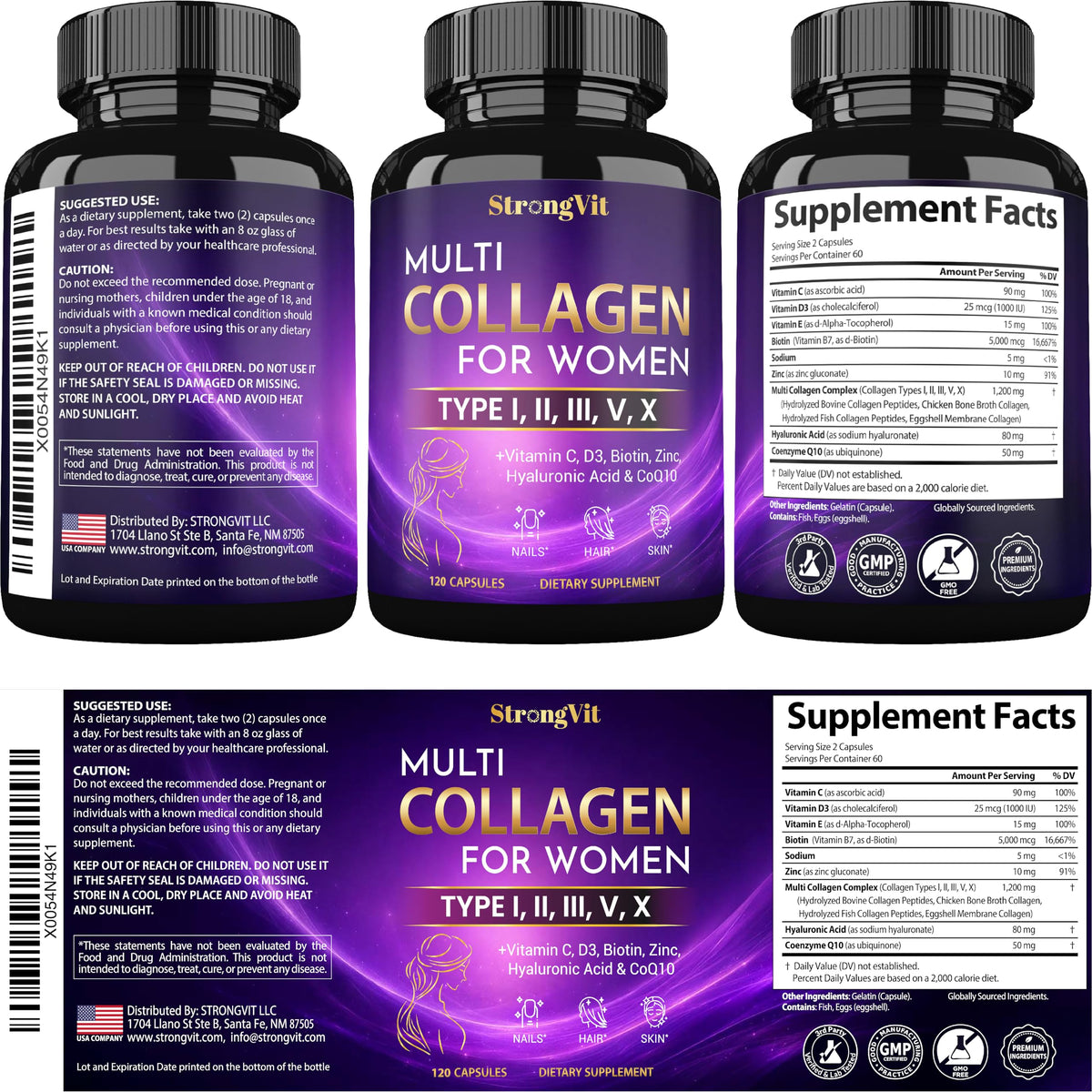 Bouteille de StrongVit Multi Collagen ouverte avec capsules visibles
