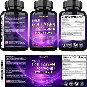 Bouteille de StrongVit Multi Collagen ouverte avec capsules visibles