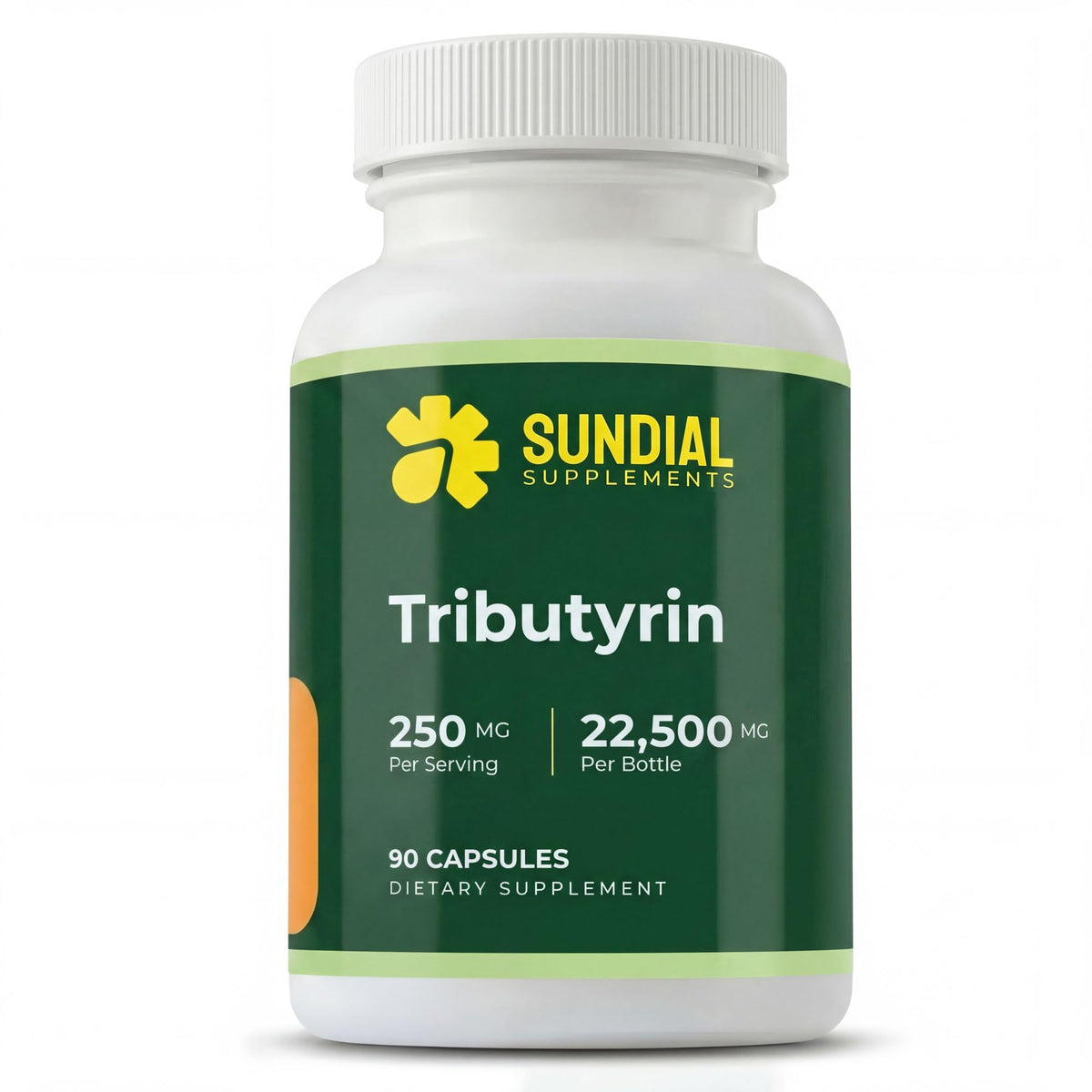 Bouteille de SUNDIAL SUPPLEMENTS Tributyrin 250 mg avec 90 capsules végétales