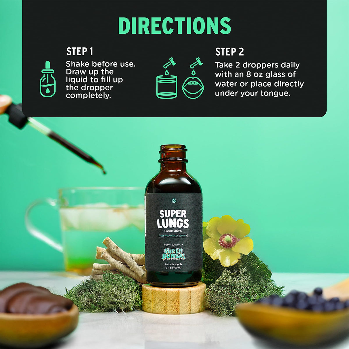 Bouteille de SuperBonsai Super Lungs avec étiquette détaillée