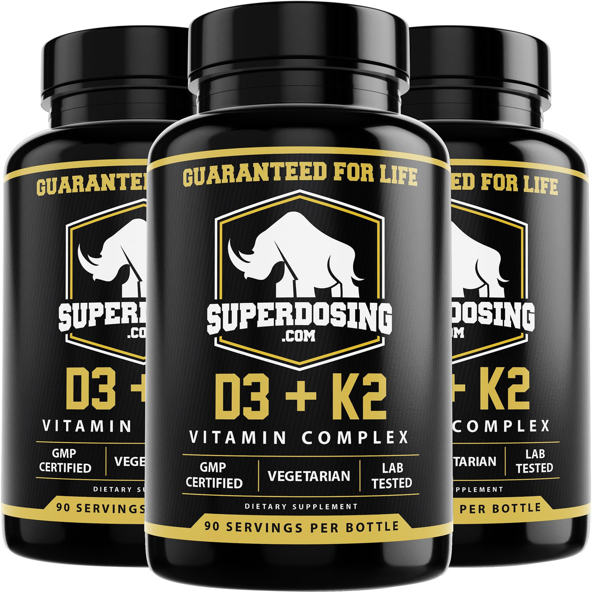 Bouteille de SuperDosing.com D3 K2 10000 IU 1500 µg vue de face