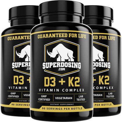 Bouteille de SuperDosing.com D3 K2 10000 IU 1500 µg vue de face