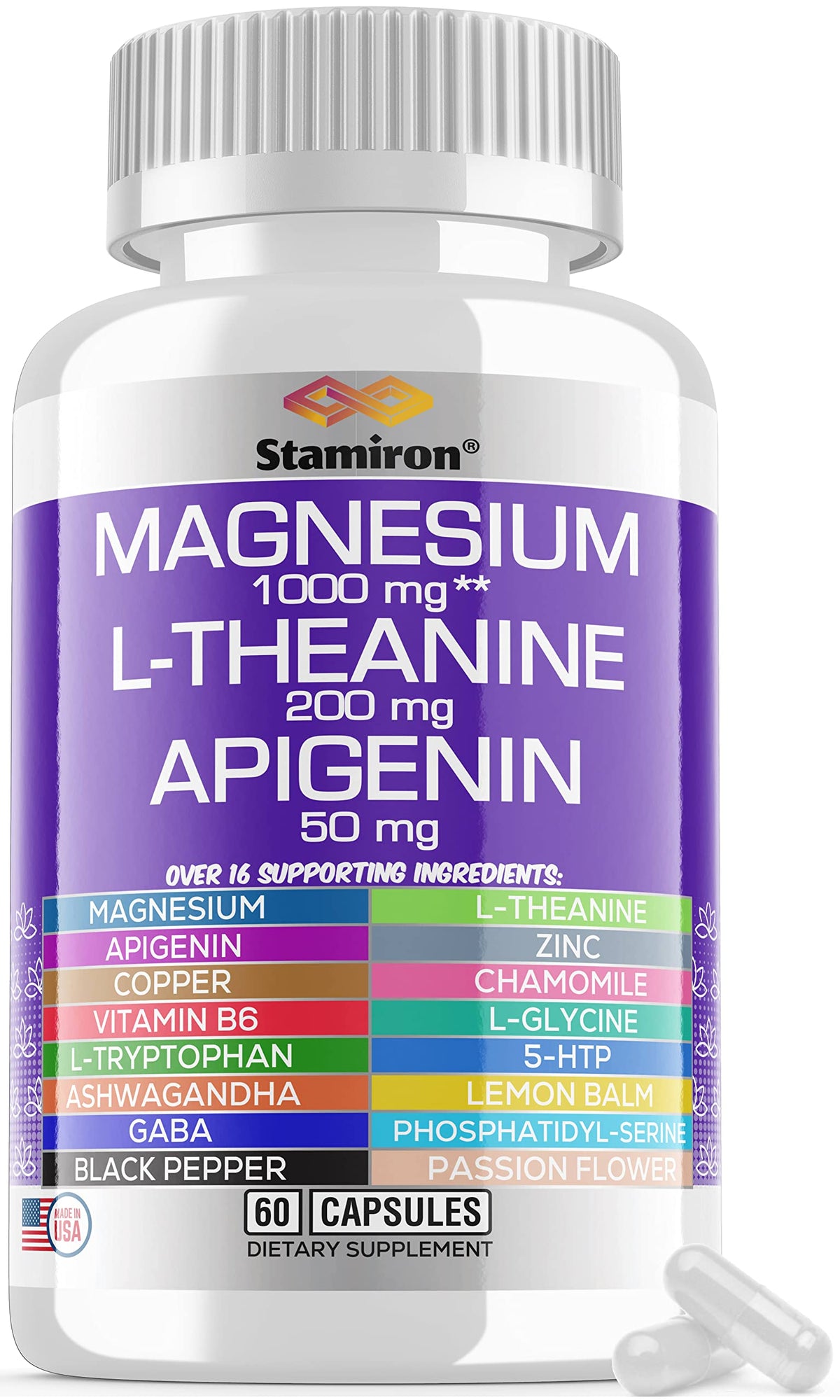 Bouteille de supplément magnésium Stamiron 1000mg L-Théanine