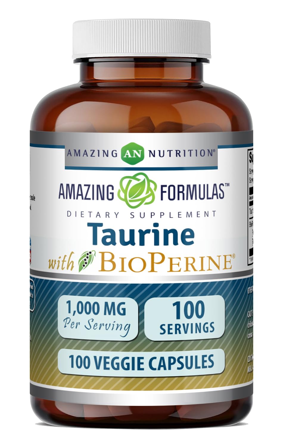 Bouteille de Taurine 1000 Mg avec Bioperine 5 mg Amazing Nutrition vue de face