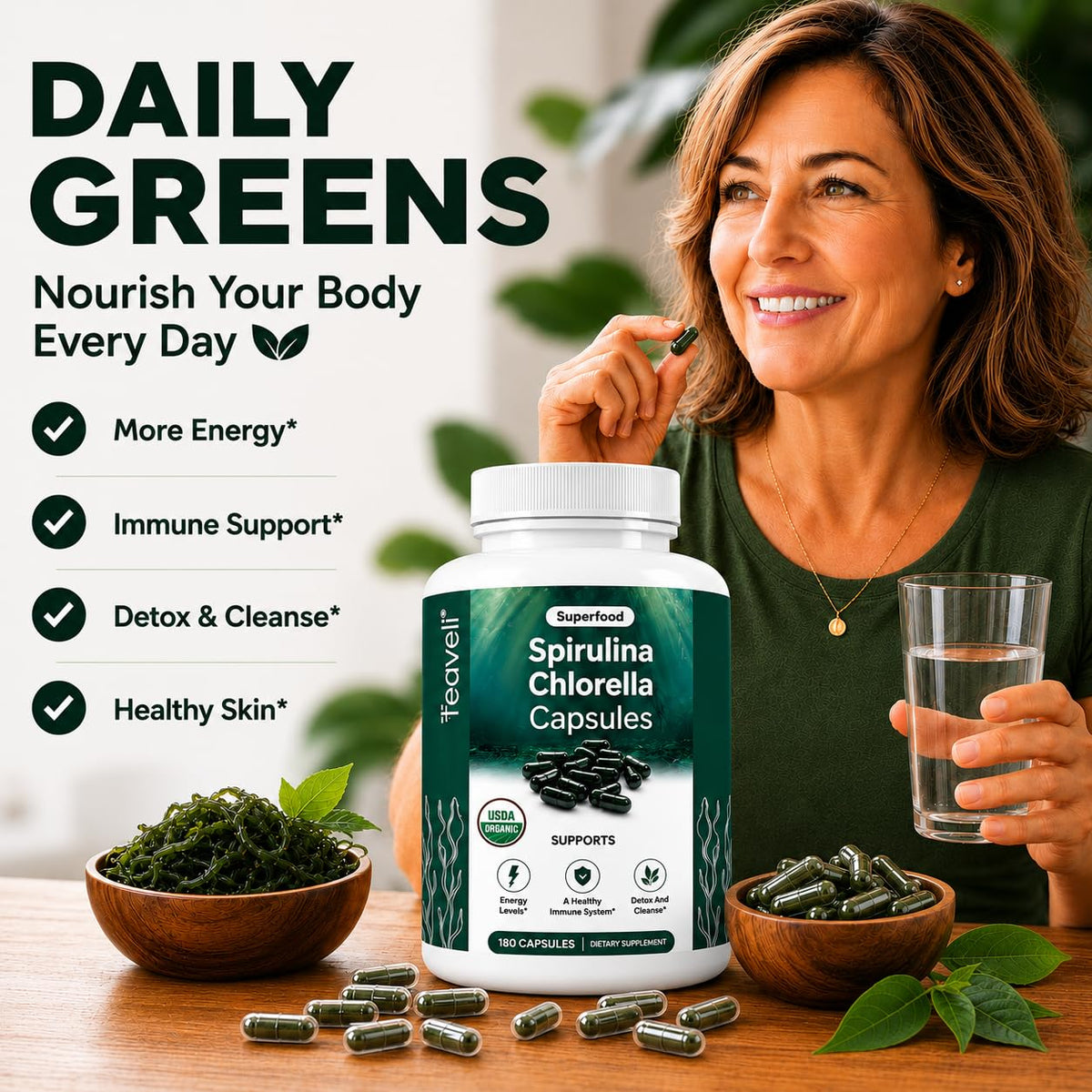 Bouteille de Teaveli Spiruline et Chlorelle Bio avec étiquette visible