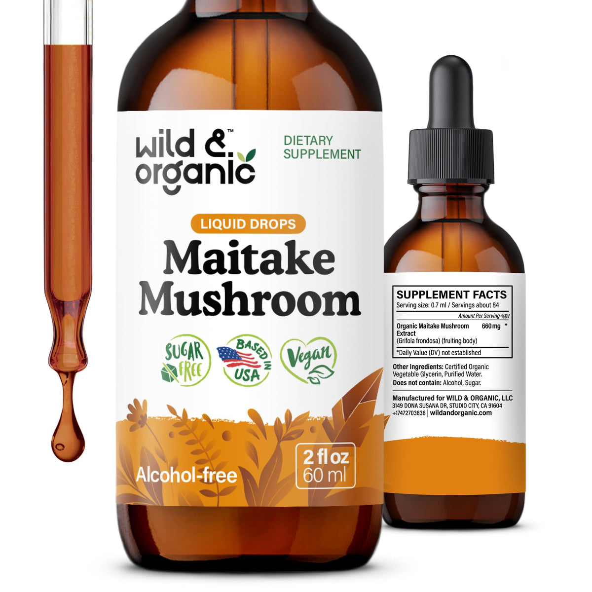 Bouteille de teinture de champignon maitake Wild & Organic 2 fl oz vue de face