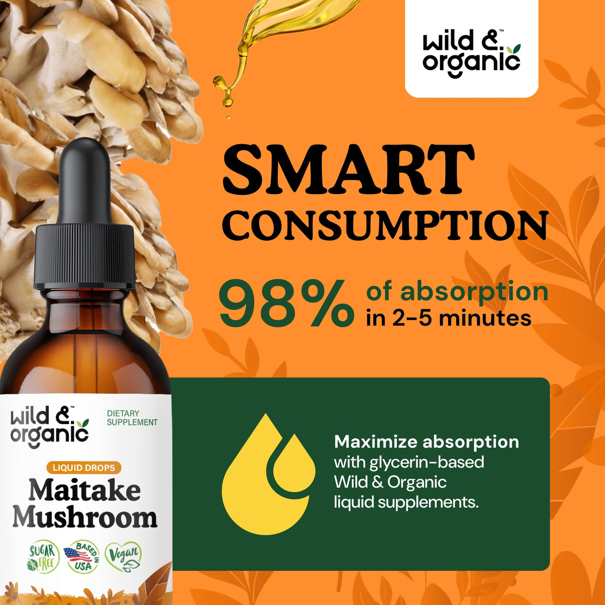 Bouteille de teinture de champignon maitake Wild & Organic sur une table en bois