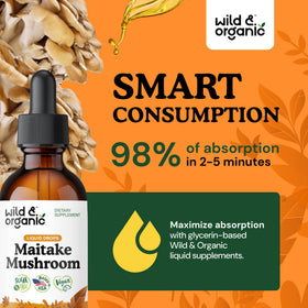 Bouteille de teinture de champignon maitake Wild & Organic sur une table en bois