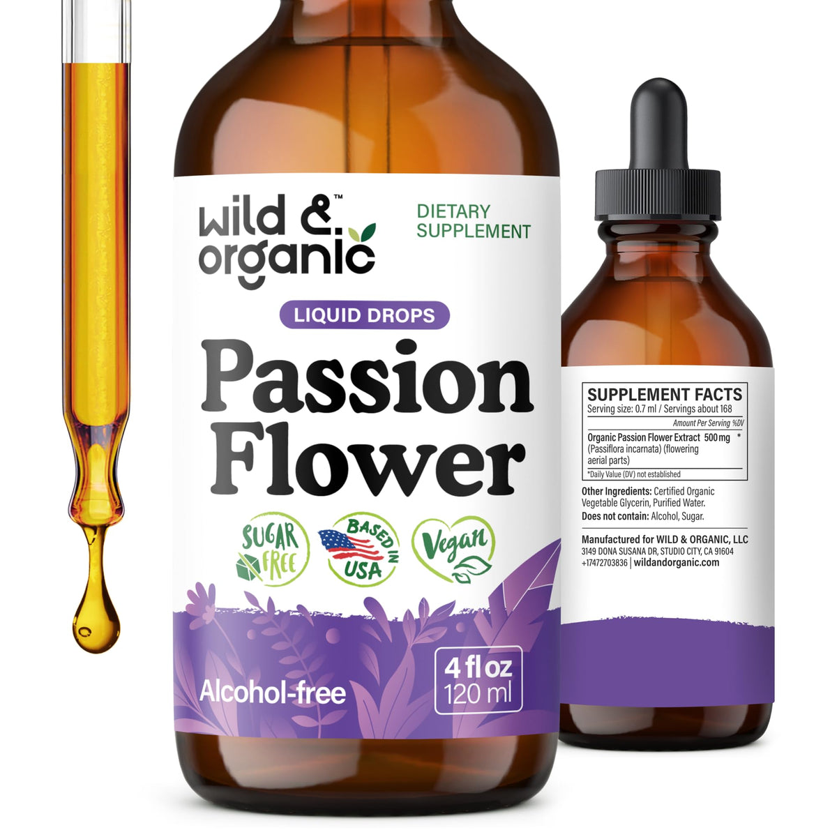 Bouteille de teinture de fleur de passion Wild & Organic 4 oz vue avant