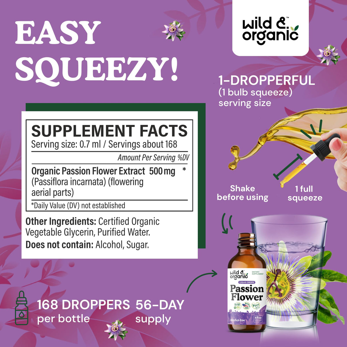 Bouteille de teinture de fleur de passion Wild & Organic avec goutte à goutte