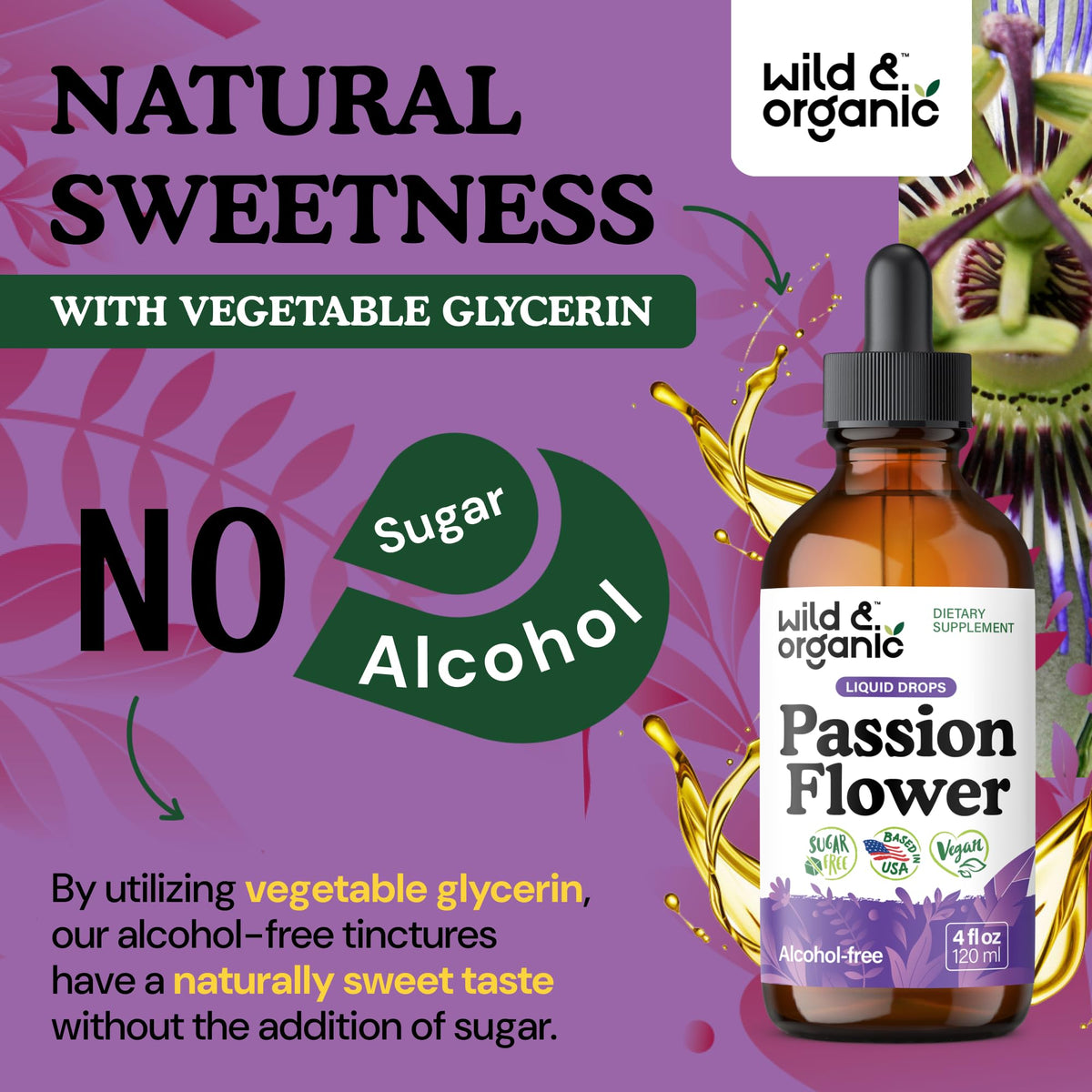 Bouteille de teinture de fleur de passion Wild & Organic vue de côté