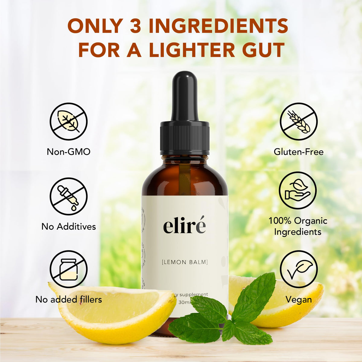 Bouteille de Teinture de Mélisse Bio Eliré avec des herbes fraîches