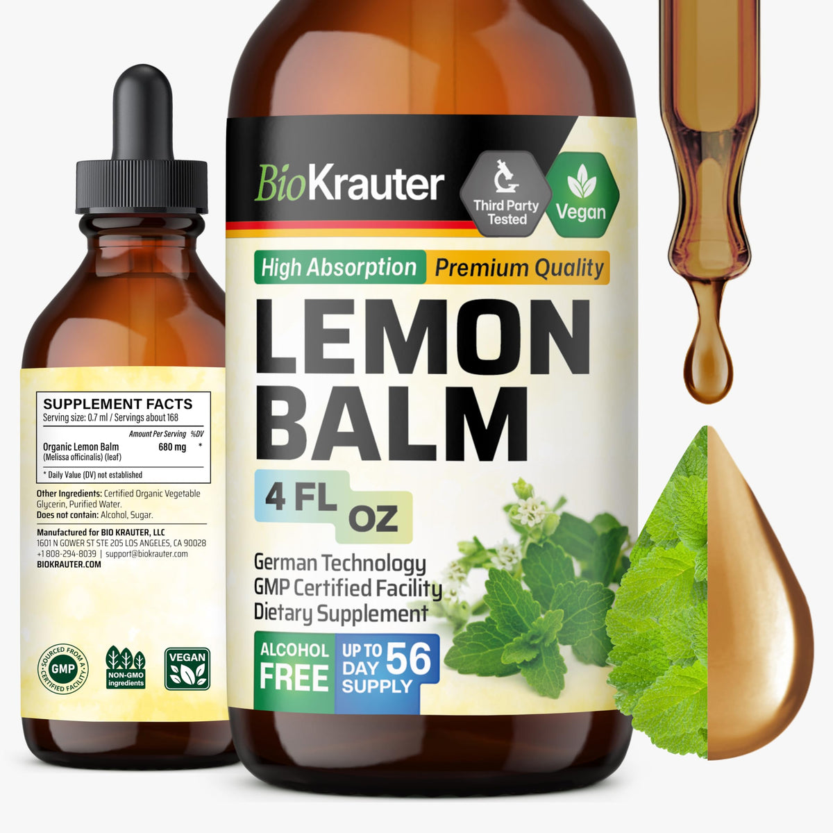 Bouteille de teinture de mélisse BIO KRAUTER 4 fl oz vue de face