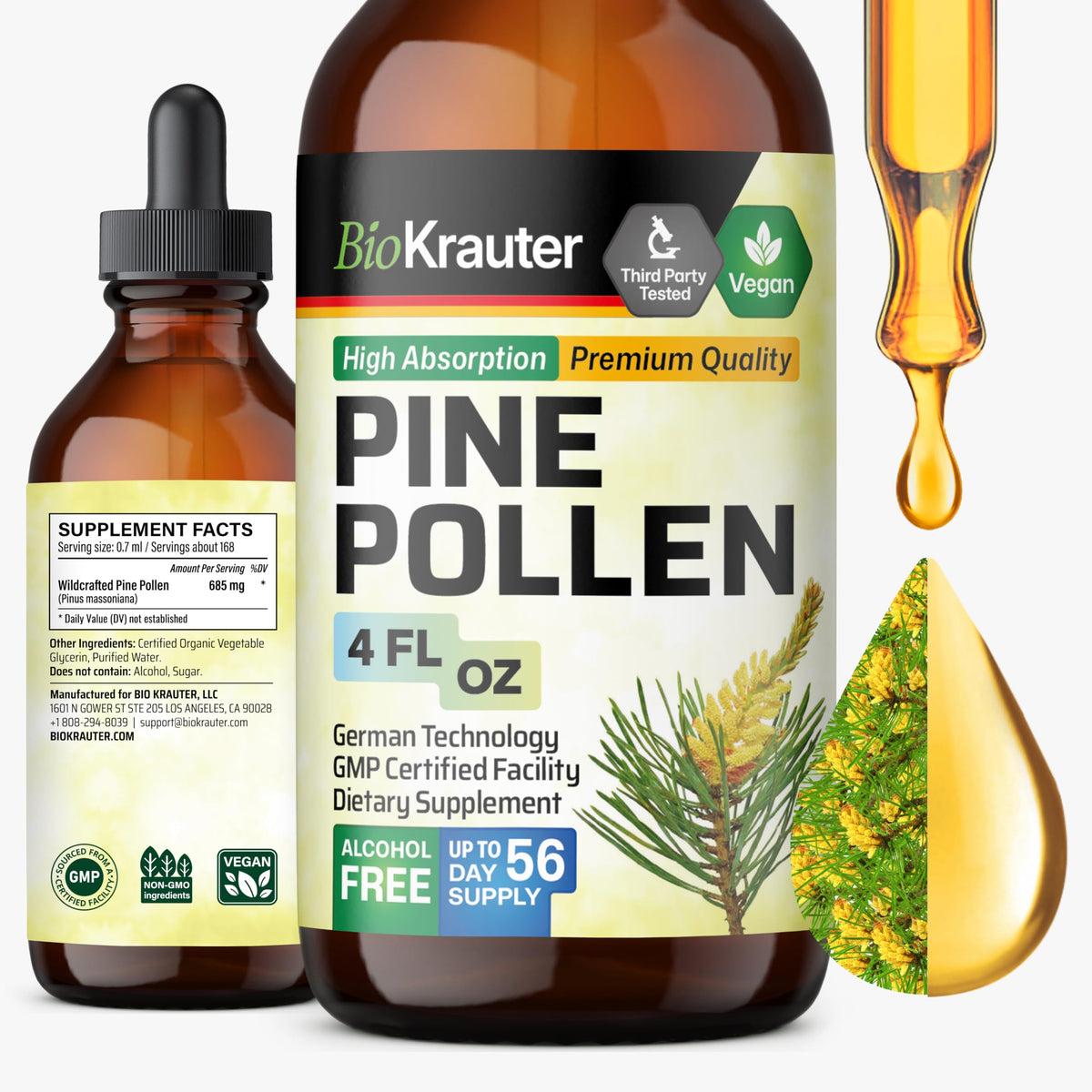 Bouteille de teinture de pollen de pin BIO KRAUTER 4 fl oz vue de face